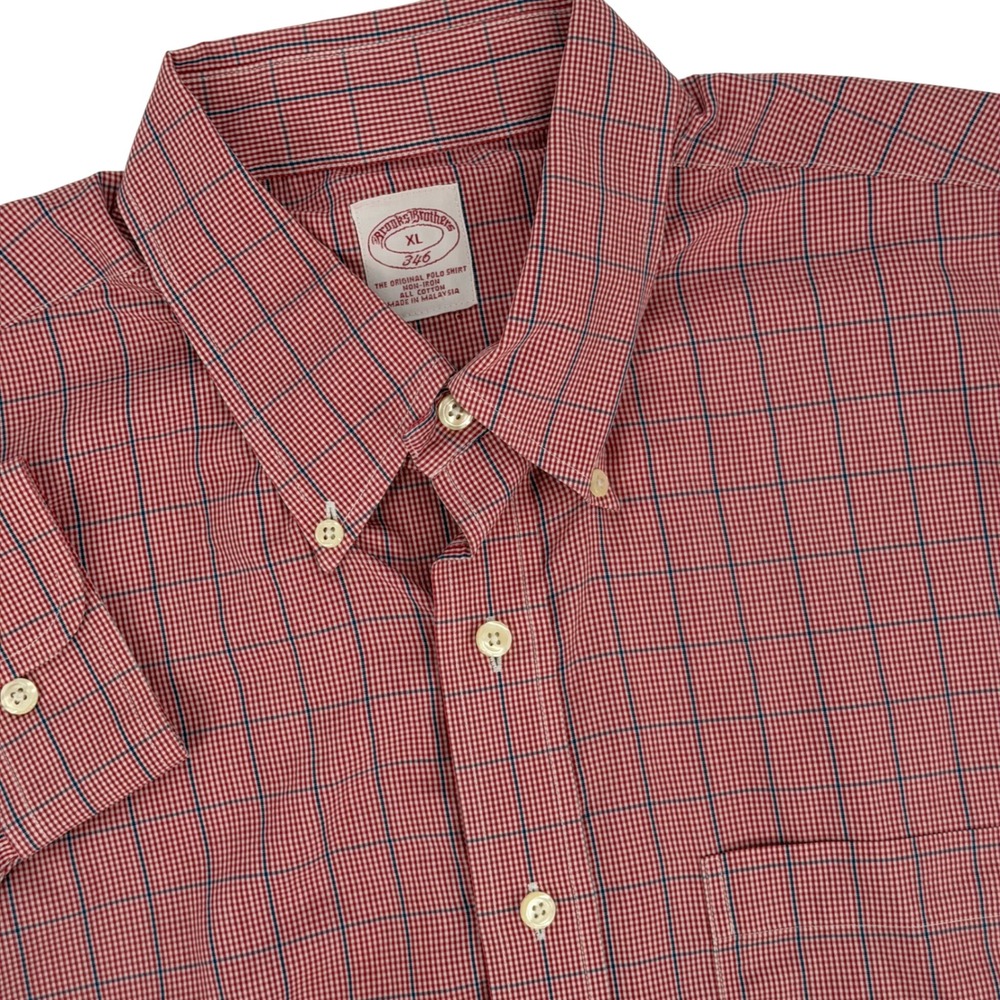 Brooks Brothers Button Down Shirt Mens XL Red Blue Glen Plaid Cotton Non-Iron